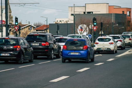 Reims France February 23, 2021 City traffic in the town of Reims during the coronavirus pandemic affecting Franceのeditorial素材