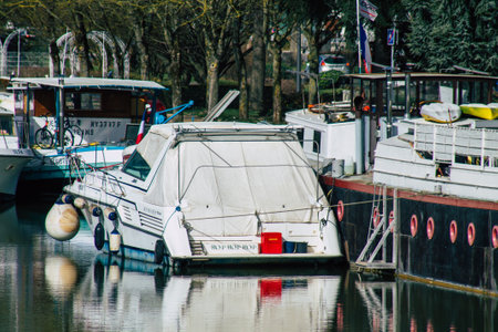 Reims France February 24, 2021 View of boat moored in the city of Reims during the coronavirus outbreak hitting Franceのeditorial素材