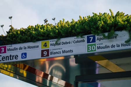 Reims France February 20, 2021 Street sign or road sign, erected at the side of or above roads to...