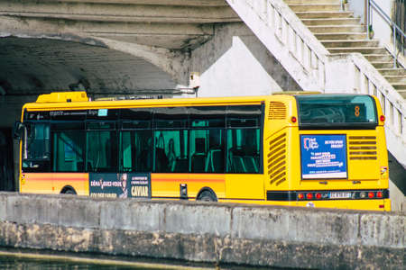 Reims France February 24, 2021 City bus for passengers driving through the streets during coronavirus outbreak hitting France and part of the public transport system of Reimsのeditorial素材