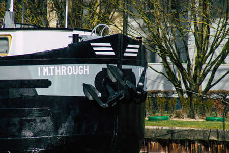 Reims France February 24, 2021 View of boat moored in the city of Reims during the coronavirus outbreak hitting Franceのeditorial素材