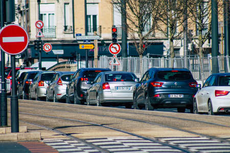 Reims France February 27, 2021 City traffic in the town of Reims during the coronavirus pandemic...