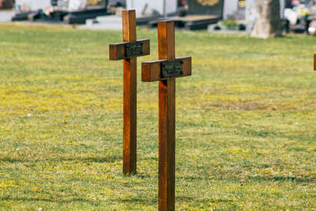 Reims France March 03, 2021 Graves of dead soldiers from the Great war buried in the military square...