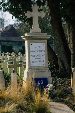 Reims France March 03, 2021 Graves of dead soldiers from the Great war buried in the military square...