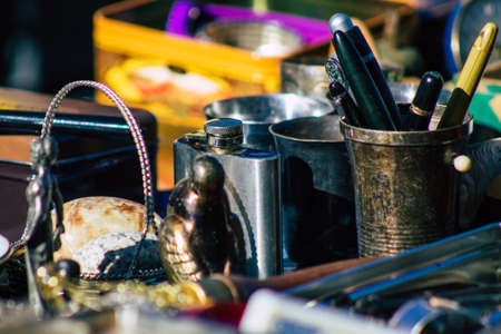 Reims France February 27, 2021 Old decorative objects sold at the flea market in downtown during the...