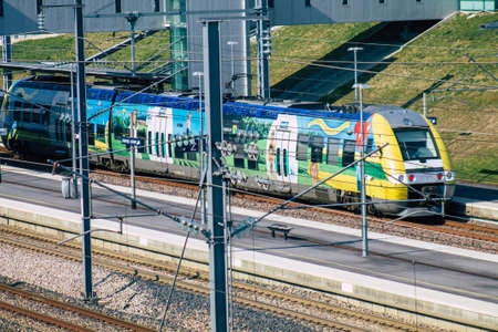 Reims France March 08, 2021 Train on arrival at the Central station located in downtown of Reims...