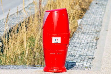 Reims France March 10, 2021 Red fire hydrant in the streets of Reims, a city in the Grand Est region...