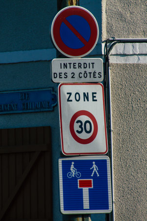 Reims France February 10, 2021 Street sign or road sign, erected at the side of or above roads to provide information to road user in the downtown area of Reimsのeditorial素材