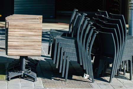 Chairs and table of a bar located in downtown closed by the government following the   pandemic...