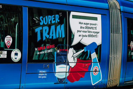 Reims France March 29, 2021 Modern electric tram for passengers rolling through the streets of Reims during the coronavirus outbreak hitting Franceのeditorial素材