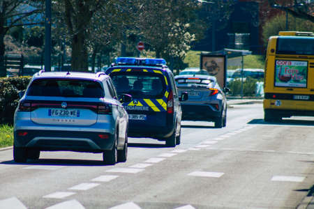 Reims France March 29, 2021 French police car in the streets of Reims during coronavirus pandemic and the lockdown to impose containment of the populationのeditorial素材