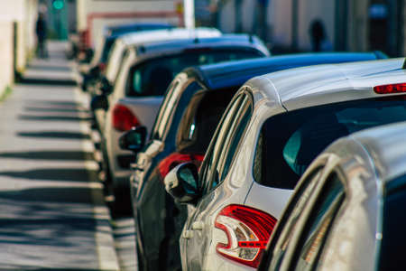 Reims France March 29, 2021 Various cars parked in the town of Reims because people stay at home during the pandemic affecting Franceのeditorial素材