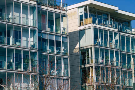 Reims France February 10, 2021 Facade of a modern building located in Reims, a city in the Grand Est...