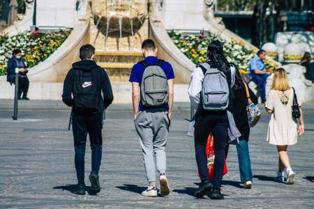 Reims France April 1, 2021 Pedestrians with a face mask to protect themself from the coronavirus...