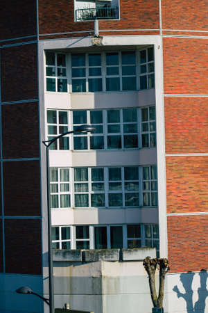 Reims France February 10, 2021 Facade of a modern building located in Reims, a city in the Grand Est...