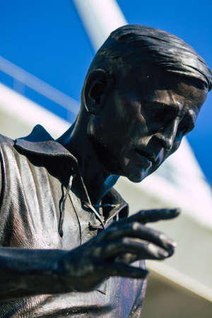 Reims France February 10, 2021 Closeup of the statue of Raymon Kopa standing front the football...