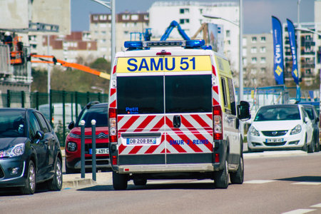 Reims France April 15, 2021 Ambulance driving through the streets of Reims during the outbreak hitting Franceのeditorial素材