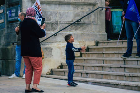Reims France April 20, 2021 Kid supports the demonstration of the police forces which takes place in...