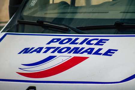 Reims France April 19, 2021 Police car rolling in the streets of Reims during the outbreak hitting Franceのeditorial素材