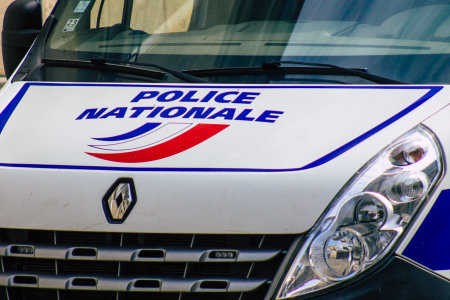 Reims France April 19, 2021 Police car rolling in the streets of Reims during the outbreak hitting Franceのeditorial素材