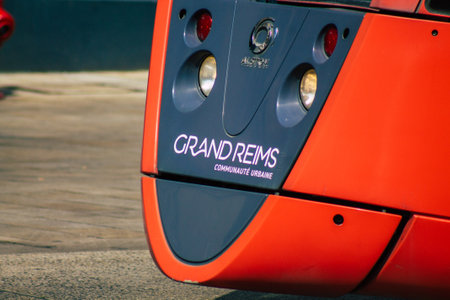 Reims France April 19, 2021 Modern electric tram for passengers rolling through the streets of Reims...