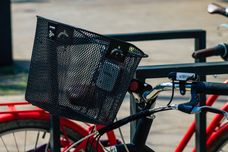 Reims France April 19, 2021 Bicycle parked in the streets of the city center of the metropolitan areaのeditorial素材