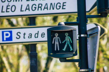 Reims France April 19, 2021 Street sign or road sign, erected at the side of or above roads to provide information to road user in the downtown area of Reimsのeditorial素材