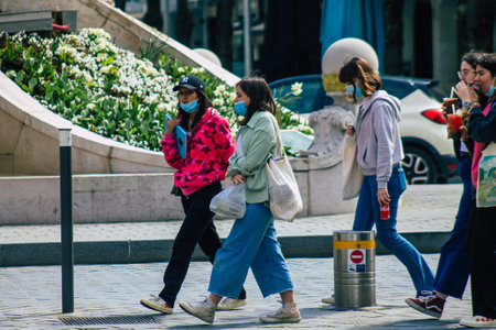 Reims France April 19, 2021 Pedestrians walking in the streets of Reims during the outbreak hitting Franceのeditorial素材