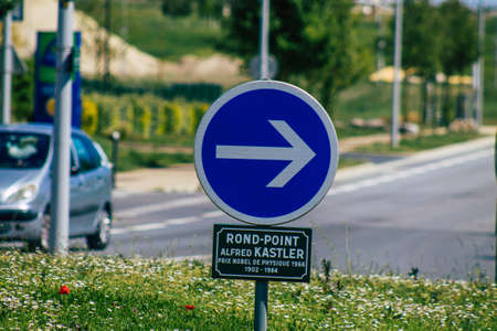 Reims France May 25, 2021 Street sign or road sign, erected at the side of or above roads to provide information to road user in the downtown area of Reimsのeditorial素材