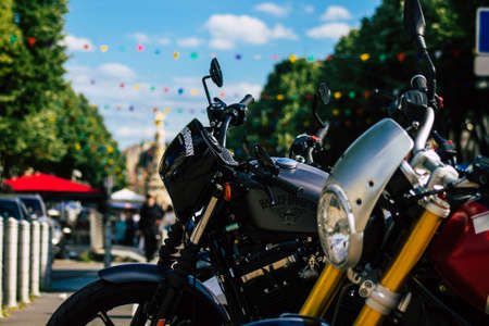 Reims France May 29, 2021 Closeup of the mechanics of a motorcycle parked in a parking lot located in the city center of Reimsのeditorial素材