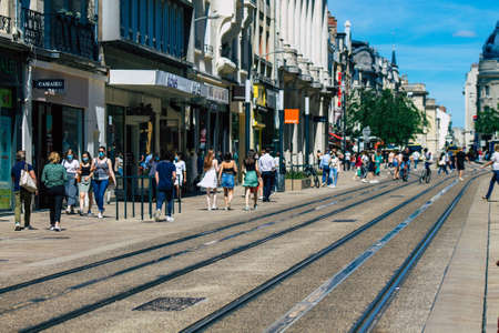 Reims France June 11, 2021 Pedestrians walking in the streets of Reims during the coronavirus outbreak hitting France, wearing a mask in the street is mandatoryのeditorial素材