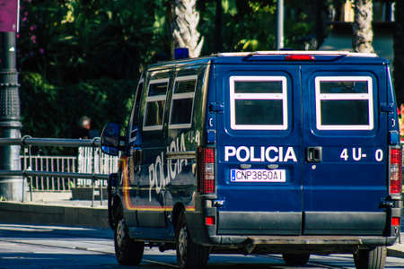 Seville Spain July 01, 2021 Police car rolling in the streets of Seville, an emblematic city and the...