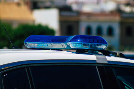 Seville Spain July 02, 2021 Police car patrolling in the streets of Seville, an emblematic city and the capital of the region of Andalusia, in the south of Spainの写真素材