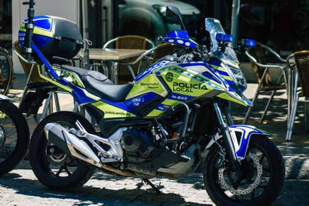 Seville Spain July 02, 2021 Police motorcycle parked in the streets of Seville, an emblematic city...