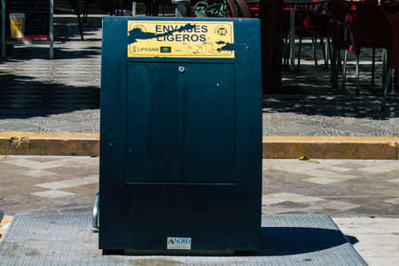 Seville Spain July 02, 2021 Garbage container in the streets of Seville, an emblematic city and the...