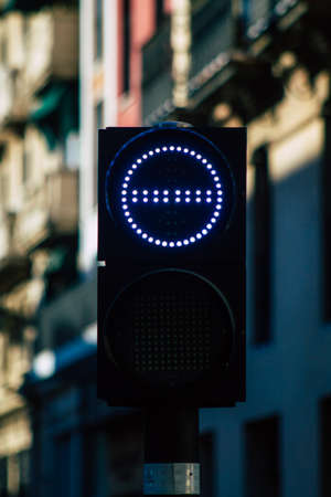 Seville Spain July 02, 2021 Street sign or road sign, erected at the side of or above roads to provide information to road user in the downtown area of Sevilleの写真素材