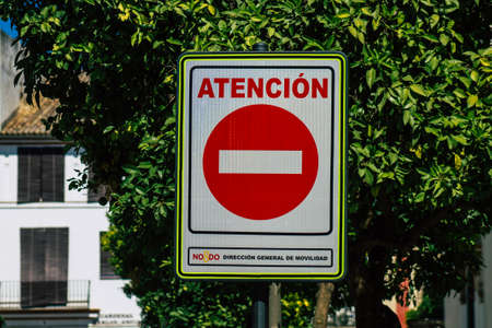 Seville Spain July 02, 2021 Street sign or road sign, erected at the side of or above roads to...