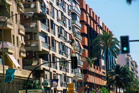 Seville Spain July 02, 2021 Facade of a building in the streets of Seville, an emblematic city and the capital of the region of Andalusia, in the south of Spainのeditorial素材