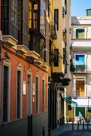 Seville Spain July 02, 2021 Facade of a building in the streets of Seville, an emblematic city and the capital of the region of Andalusia, in the south of Spainのeditorial素材
