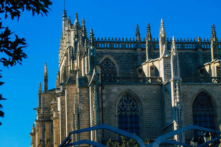 Seville Spain July 02, 2021 Saint Metropolitan and Patriarchal Cathedral Church of Santa MarÃ­a de la Sede de Sevilla, detail of the exterior facade, It is the largest Gothic cathedral in the worldのeditorial素材