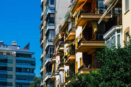 Seville Spain July 02, 2021 Facade of a building in the streets of Seville, an emblematic city and the capital of the region of Andalusia, in the south of Spainのeditorial素材