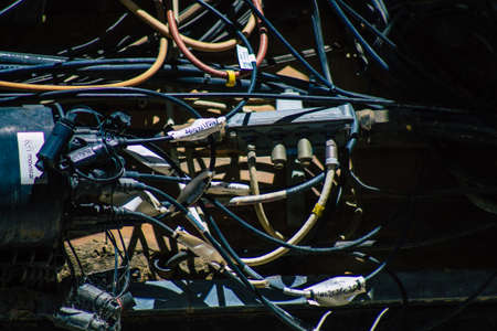 Seville Spain July 03, 2021 Electric cables on the facade of a building in the streets of Seville,...