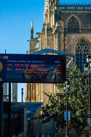 Seville Spain July 03, 2021 Tram stop for passengers in the streets of Seville, an emblematic city...