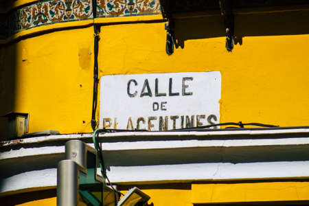 Seville Spain July 06, 2021 Street sign or road sign, erected at the side of or above roads to provide information to road user in the downtown area of Sevilleの写真素材