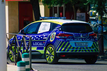 Seville Spain July 09, 2021 Local police patrolling in the streets of Seville, an emblematic city...
