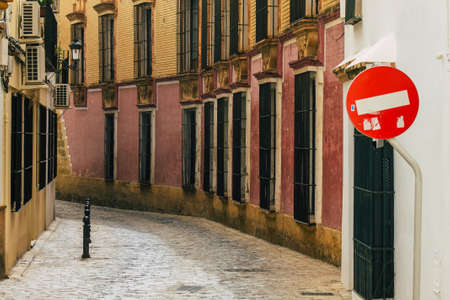 Carmona Spain July 14, 2021 Narrow street in town of Carmona called The Bright Star of Europe, the town shows a typical narrow and meandering Arabic layout which will transport you to a distant pastの写真素材