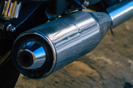 Seville Spain July 14, 2021 Closeup of the mechanics of a motorcycle parked in a parking lot located...