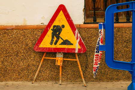 Carmona Spain July 15, 2021 Road sign, erected at the side of or above roads to provide information to road user in the typical narrow and meandering town of Carmona called The Bright Star of Europeの写真素材