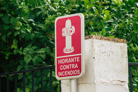 Carmona Spain July 15, 2021 Road sign, erected at the side of or above roads to provide information to road user in the typical narrow and meandering town of Carmona called The Bright Star of Europeの写真素材