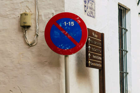 Carmona Spain July 15, 2021 Road sign, erected at the side of or above roads to provide information to road user in the typical narrow and meandering town of Carmona called The Bright Star of Europeの写真素材